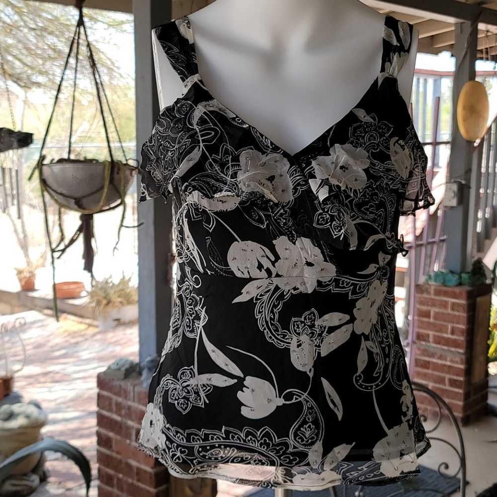 Silk Ruffle Camisole Top w/Beads